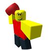 [Start ID. The ROBLOX character Baller, he is standing against a white background with one hand outstretched to the audience and his other pointing away, with a red dodgeball in his hand. He has yellow skin, a red torso and black legs. End ID]