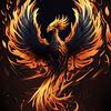 outline of a phoenix rising from an open book. entire image is done in the colors of a flame - reds and oranges and golds