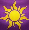 A yellow starburst on a purple background.
