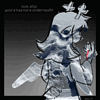 Art of Noelle from Deltarune, with various snowy images flashing through her silhouette. As the image flashes, the text "Look elly! Yours has more underneath!" Appears to the left side.