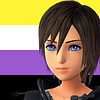 a render of Xion from Kingdom Hearts III with the nonbinary pride flag in the background