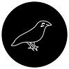 Digital line art of a bird. It is drawn in white on a black circle, which is on a white background. The bird is smiling.