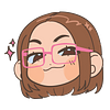 a chibi of coslyons. they have pink glasses, pale skin, and a brown bob. they are making the knife cat face