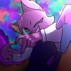 My sona (sherbet) making a heart with her index and middle fingers, with purple lighting and stars behind her.