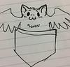 A line drawing of a small, cheerful cartoon bat in a shirt pocket
