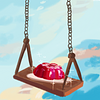 a drawing of a plate of jello, resting atop a wooden swing. The background is colorful clouds.