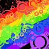 Abstract shapes arranged in a rainbow pattern.