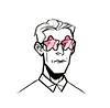 a picture of Jukka Sarasti by @brovitranduila; he is wearing a shirt and pink star glasses, and has very unimpressed/"i'll kill you all" impression on his face.