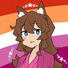 A foxgirl with long brown hair, light skin and blue eyes wearing a pink kimono. There is a lesbian pride flag in the background with some stars in the trans pride flag colors sprinkled in.