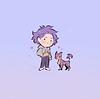 Shinsou standing next to a cat, over a plain purple background